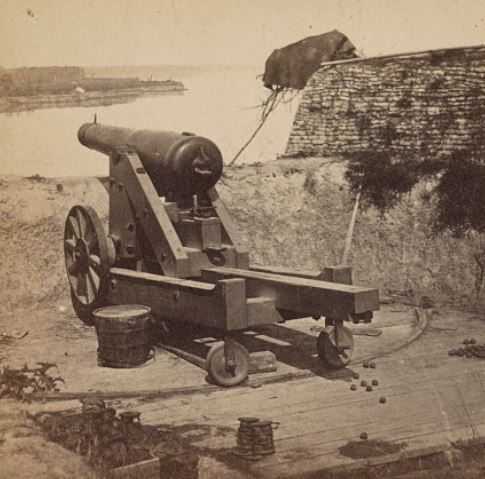 Artillery post inside the fort at Port Hudson facing the river after the siege in 1863