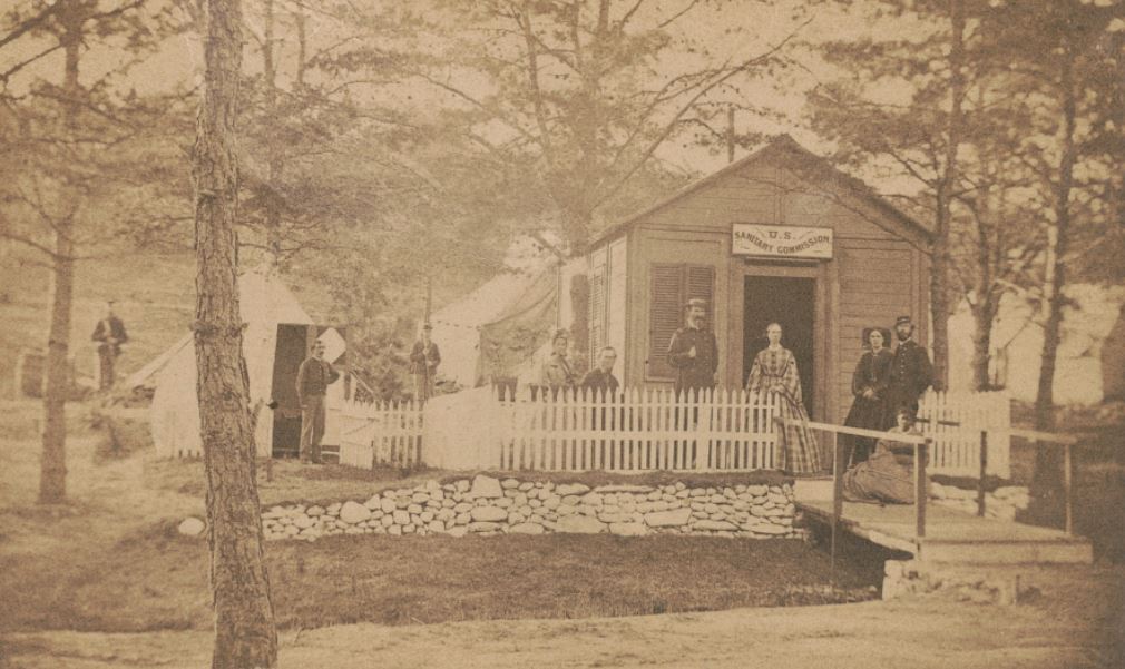 U.S. Sanitary Commission convalescent camp relief station, Alexandria, Virginia, with nurse Amy M. Bradley