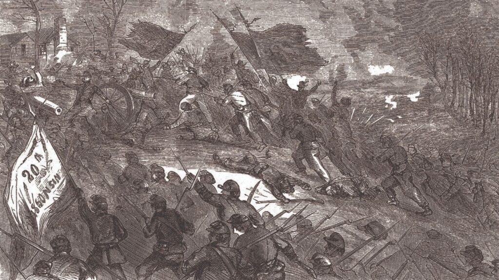 Infantry Regiments attacking the Confederate left flank during the Battle of Prairie Grove, Arkansas