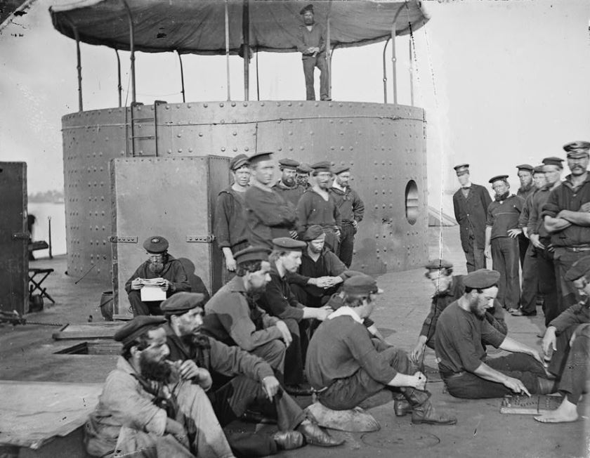 James River, Virginia. Sailors relaxing on deck of U.S.S. Monitor