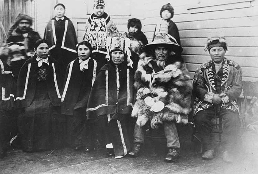 Group of Tlingit people of Alaska in ceremonial dress