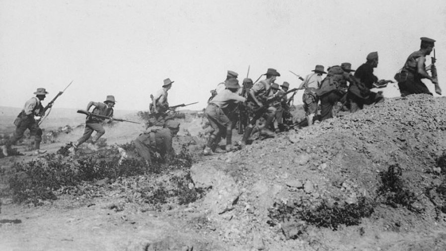 Australian troops charging near a Turkish trench in Gallipoli Campaign