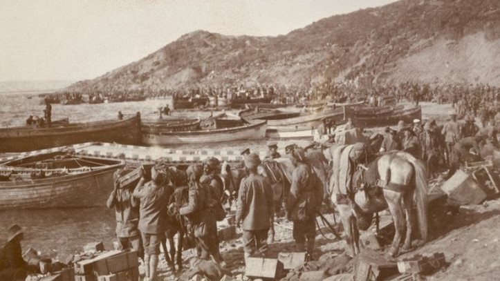 Indian and Anzac troops at Anzac Cove in 1915 Gallipoli Campaign